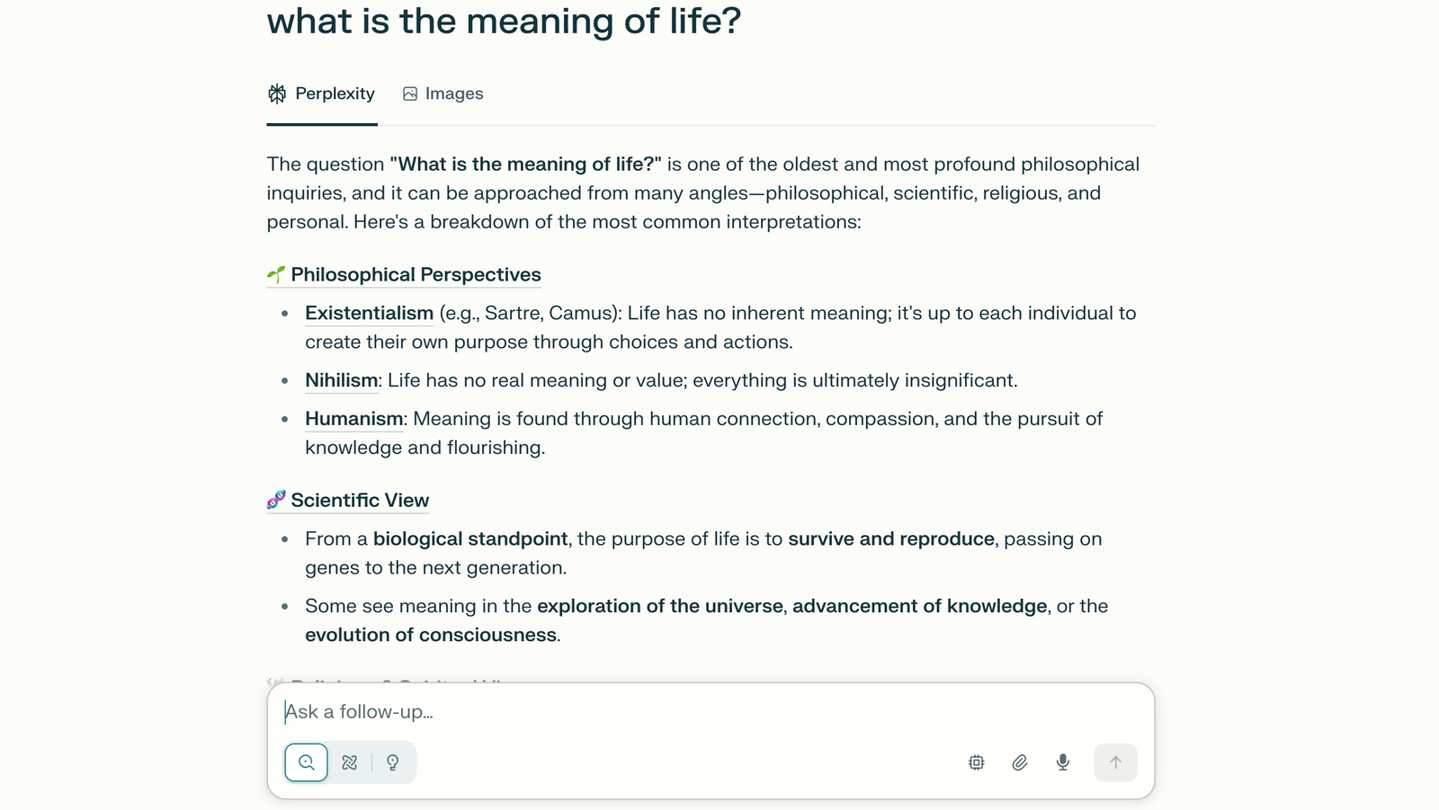 A screenshot of the Perplexity interface, answering philosophy questions, what is the meaning of life