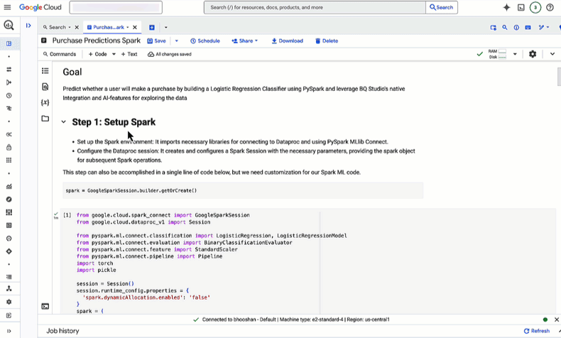 Spark ML in BigQuery Studio Notebooks