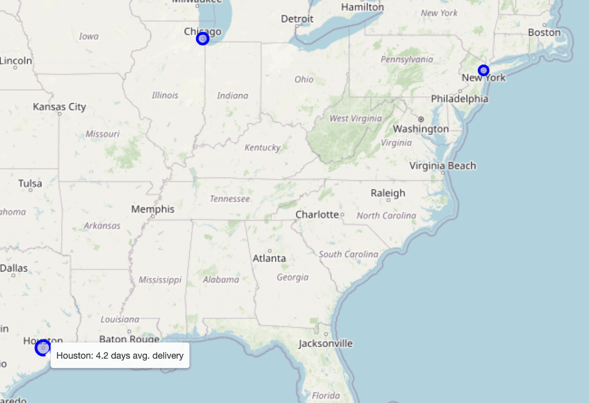 Geographical map of delivery times in different regions